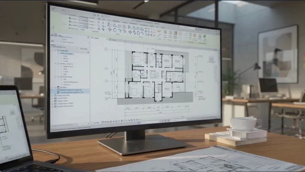 BIM Cafe course preview — Revit floor plan on a workstation